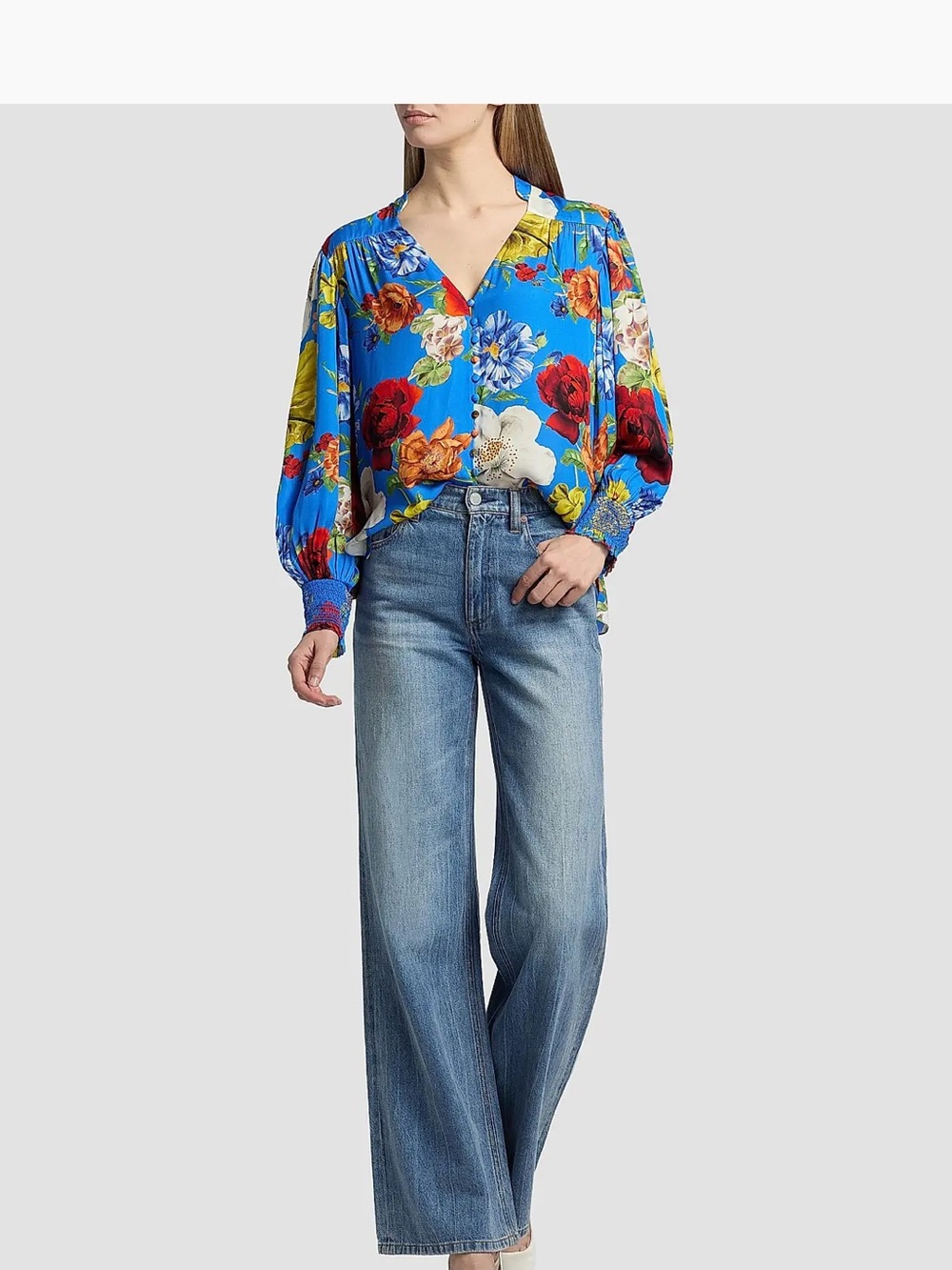 Alice + Olivia Bright Blue Floral V-Neck Button Blouse - Picture 3 of 11